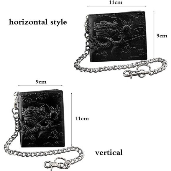 Balck Men Real Leather Vintage Dragon Wallet with Chain Card Holder Purse - Picture 5 of 6